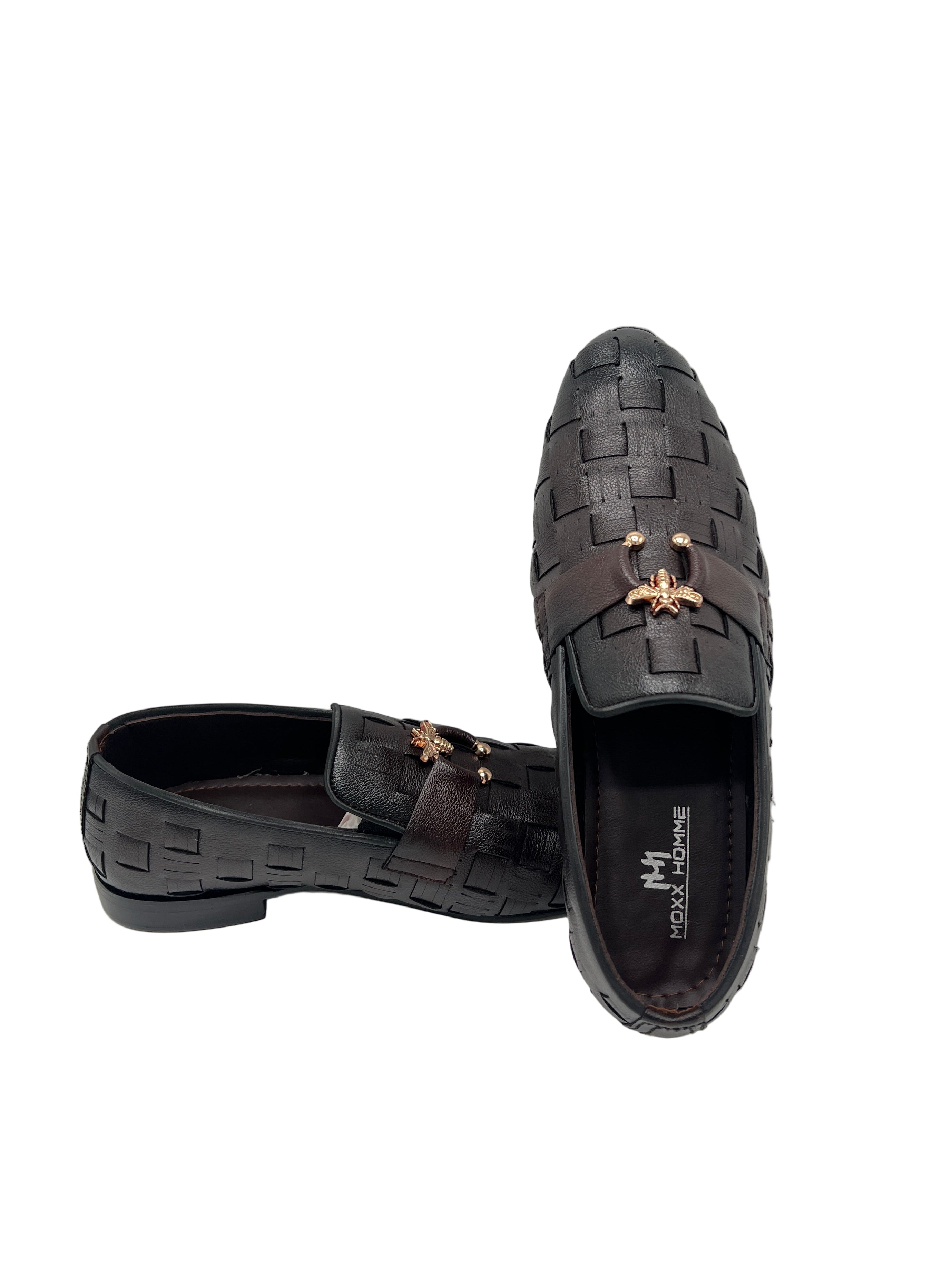 Men’s Black Woven Leather Loafers with Golden Bee Ornament – Luxury Slip-On Shoes