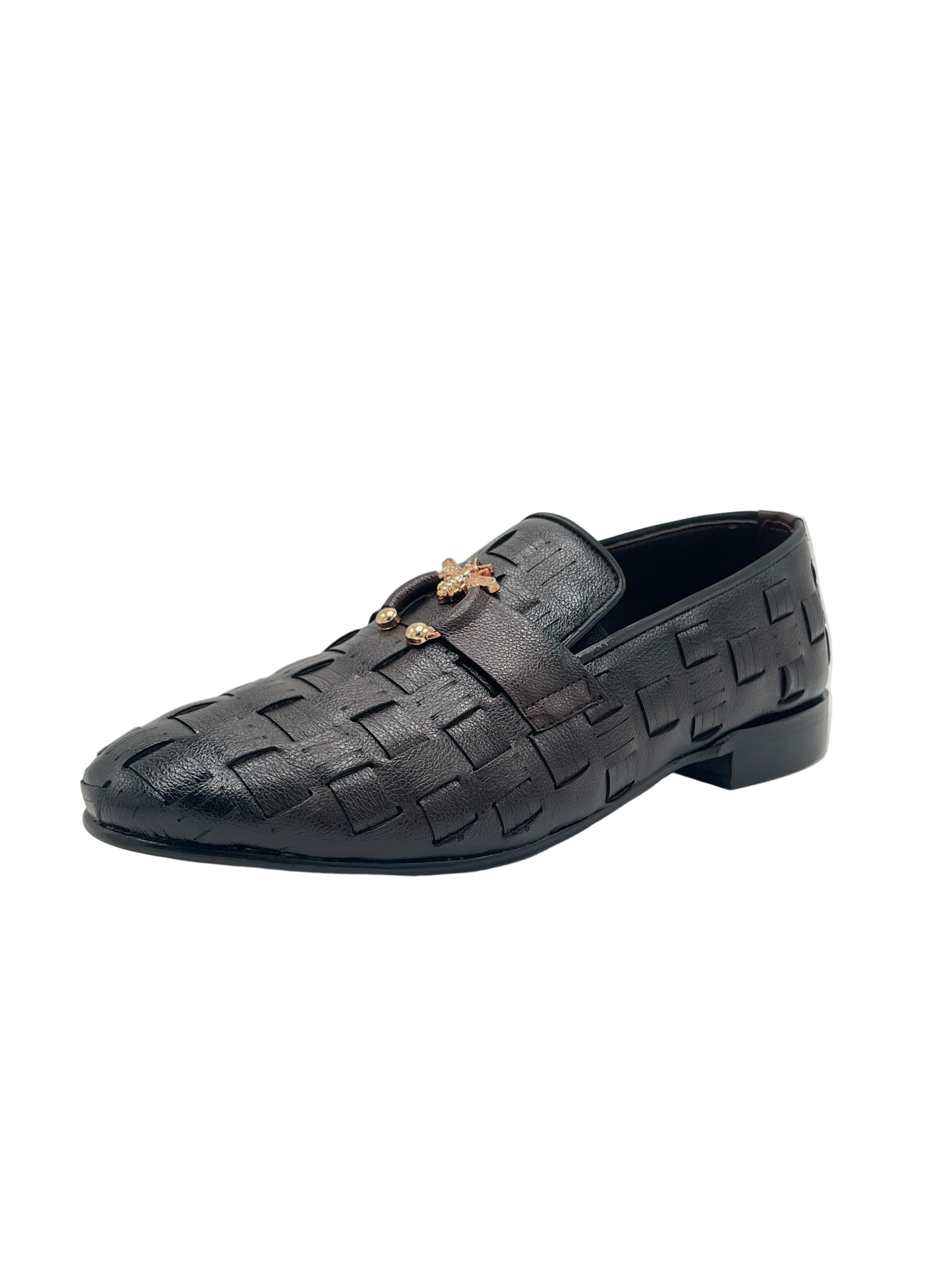 Men’s Black Woven Leather Loafers with Golden Bee Ornament – Luxury Slip-On Shoes