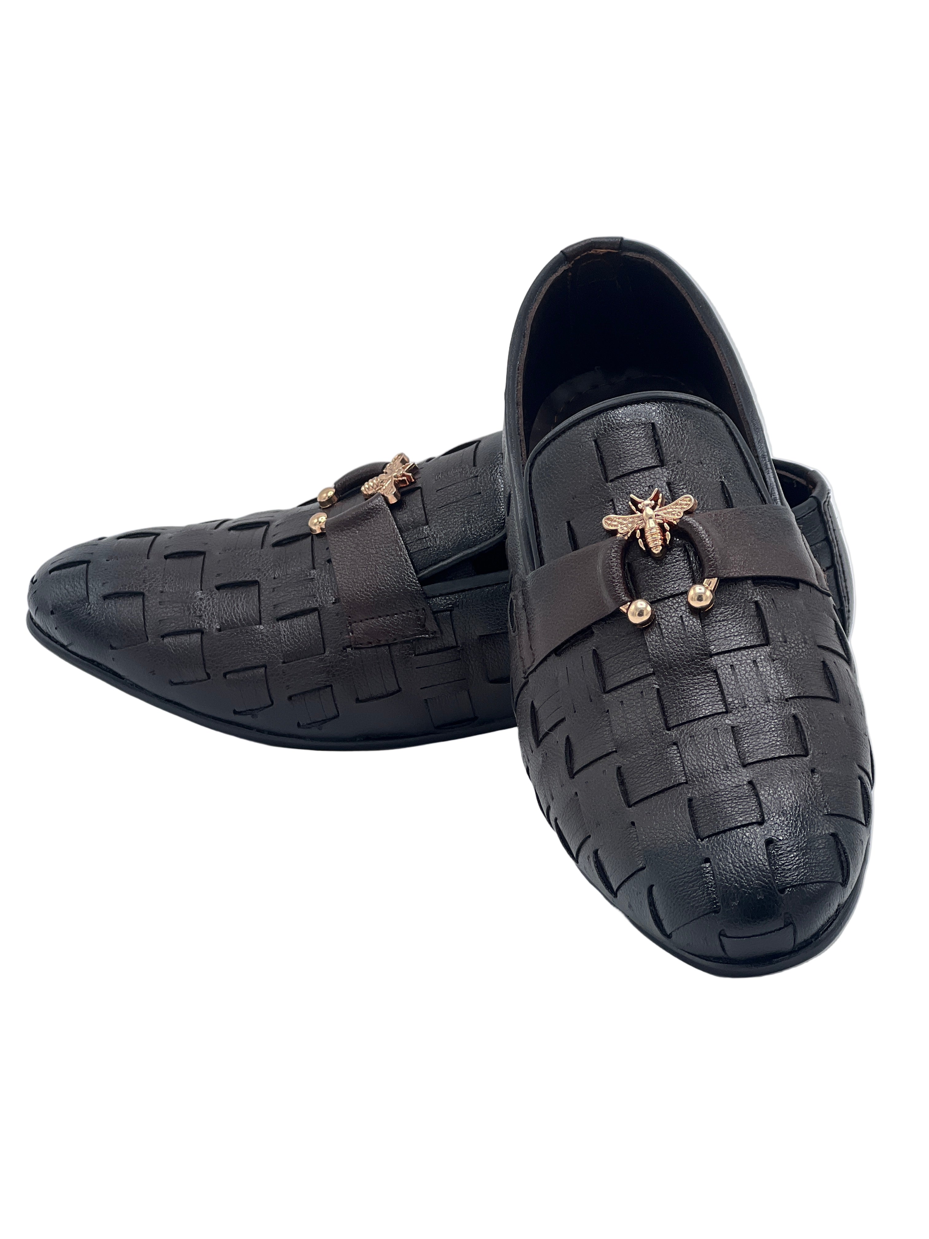 Men’s Black Woven Leather Loafers with Golden Bee Ornament – Luxury Slip-On Shoes