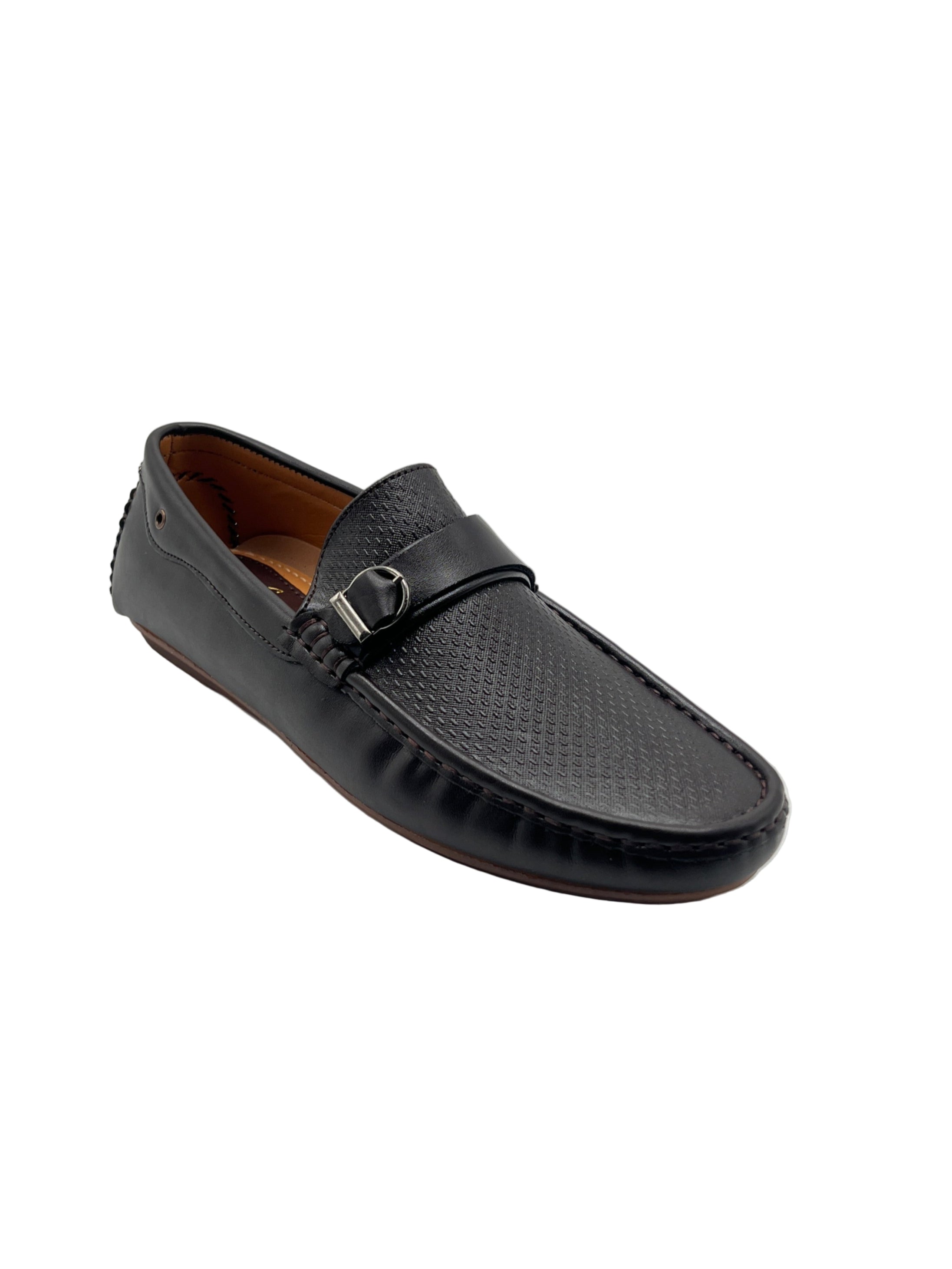 Black Texture Leather Loafers with Silver Buckle