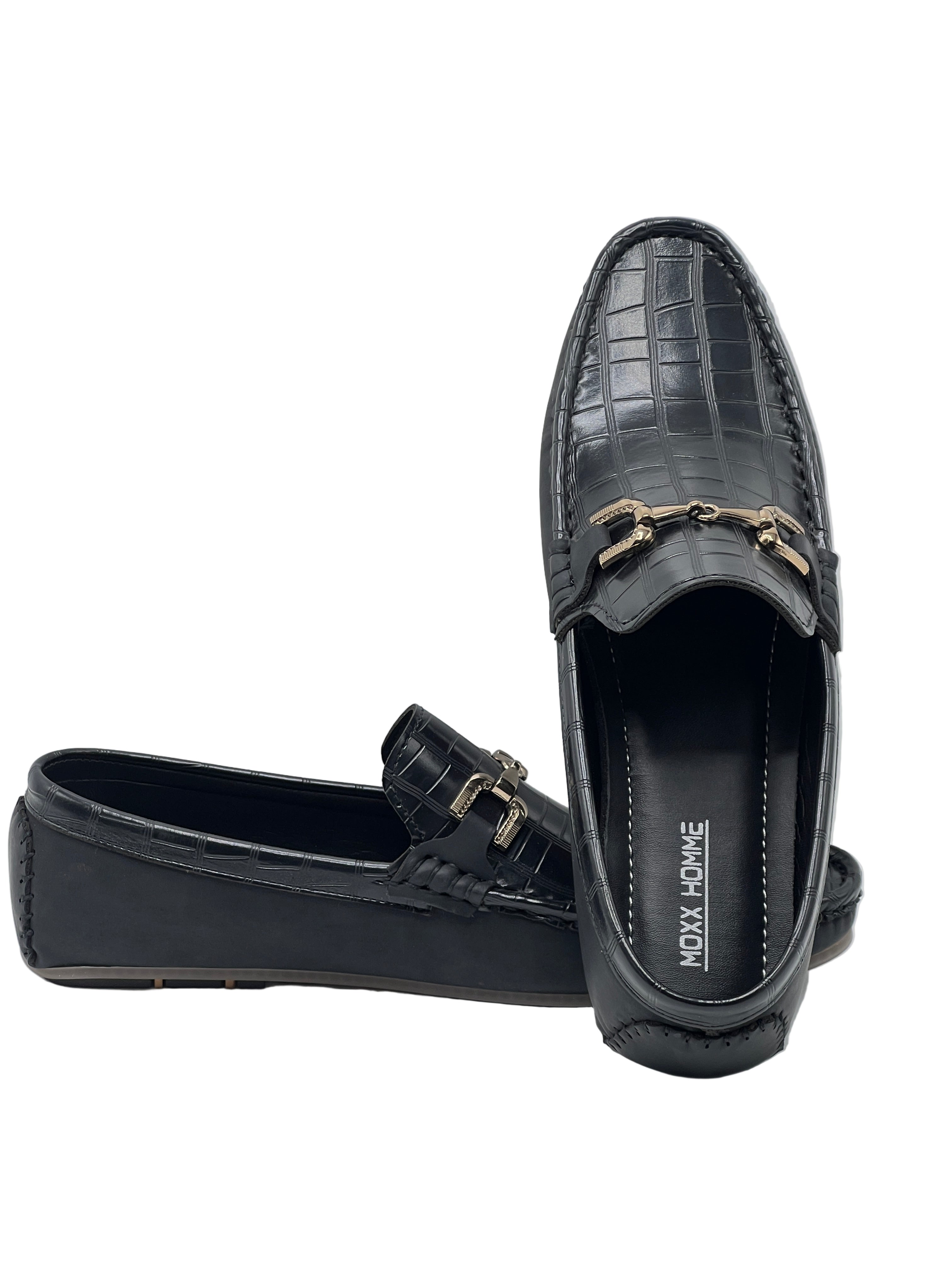 Black Croc-Texture Leather Loafers with Gold Buckle
