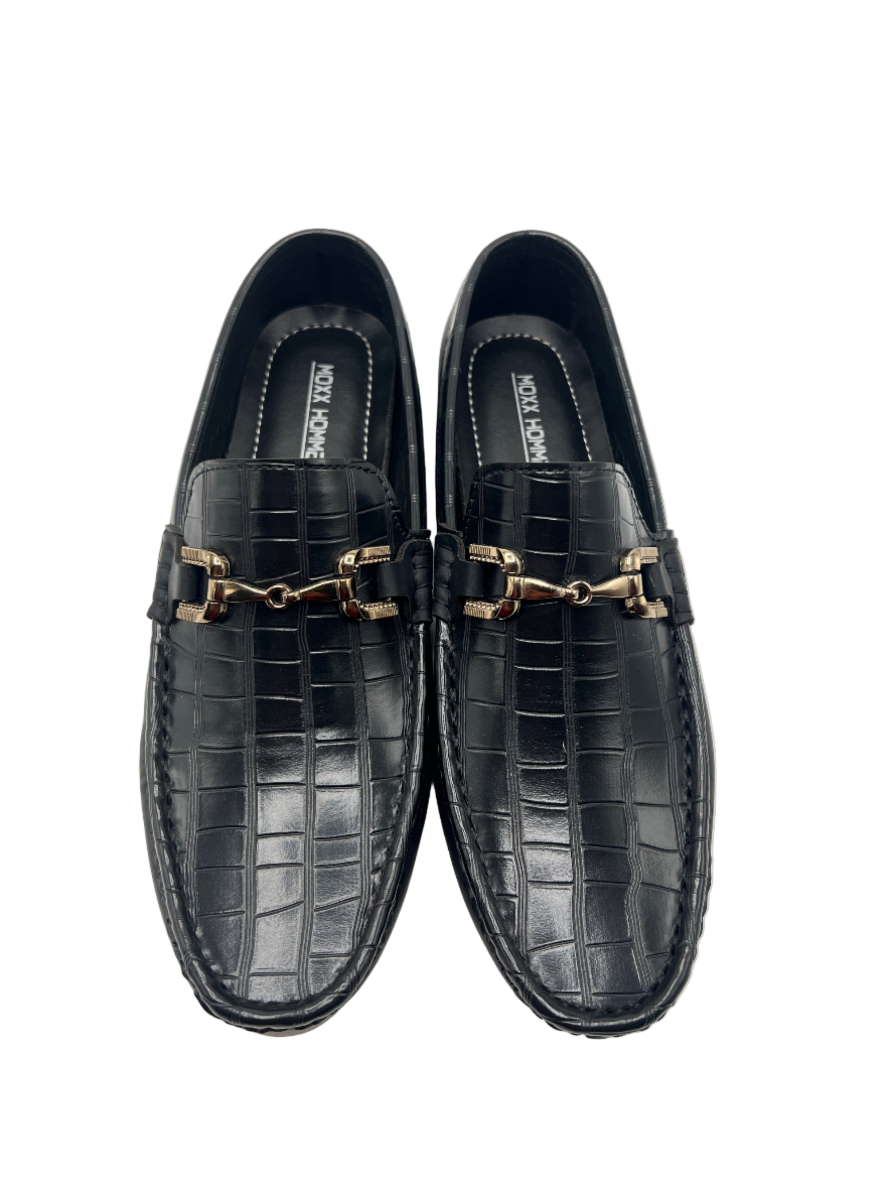 Black Croc-Texture Leather Loafers with Gold Buckle