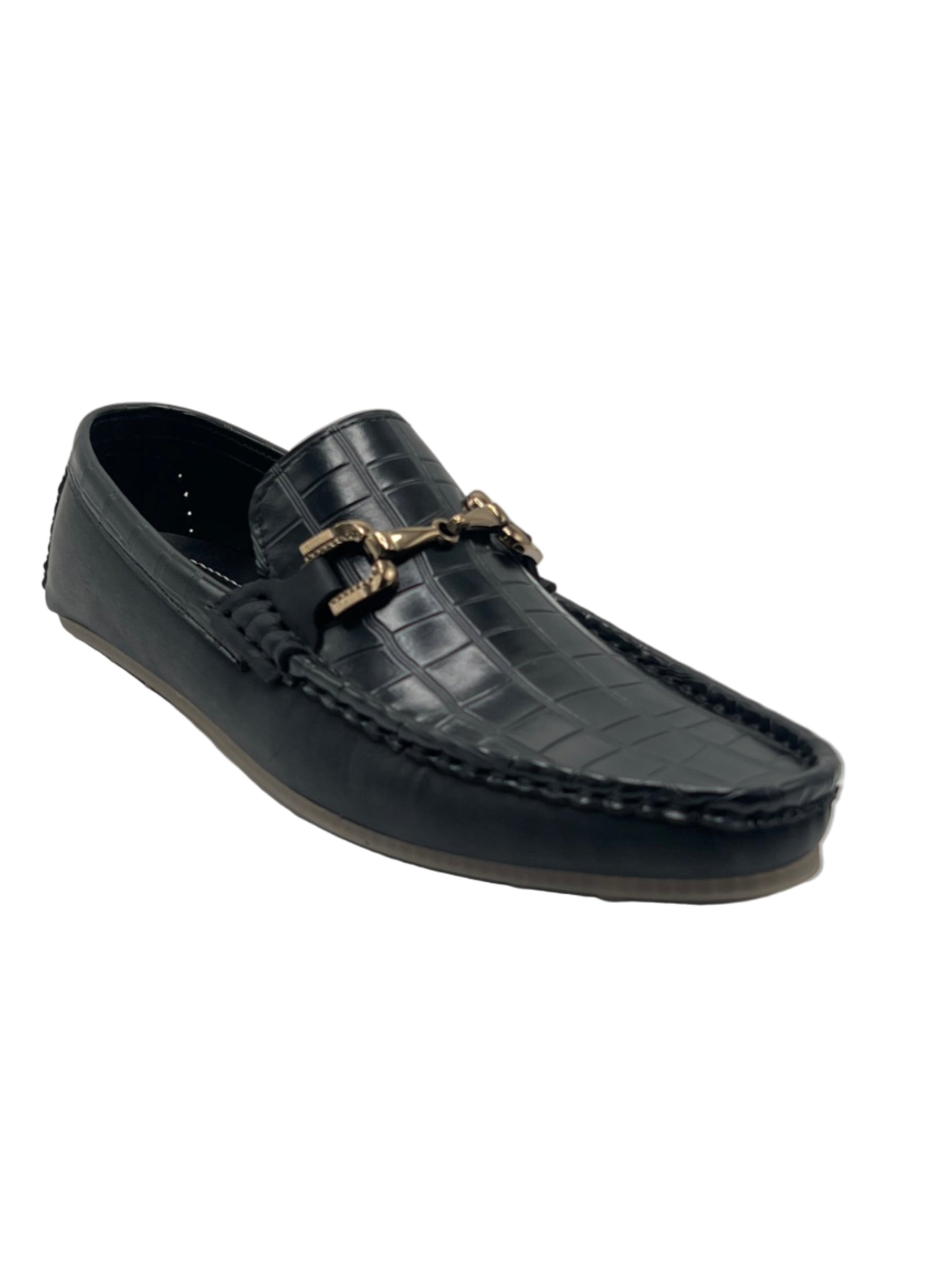 Black Croc-Texture Leather Loafers with Gold Buckle