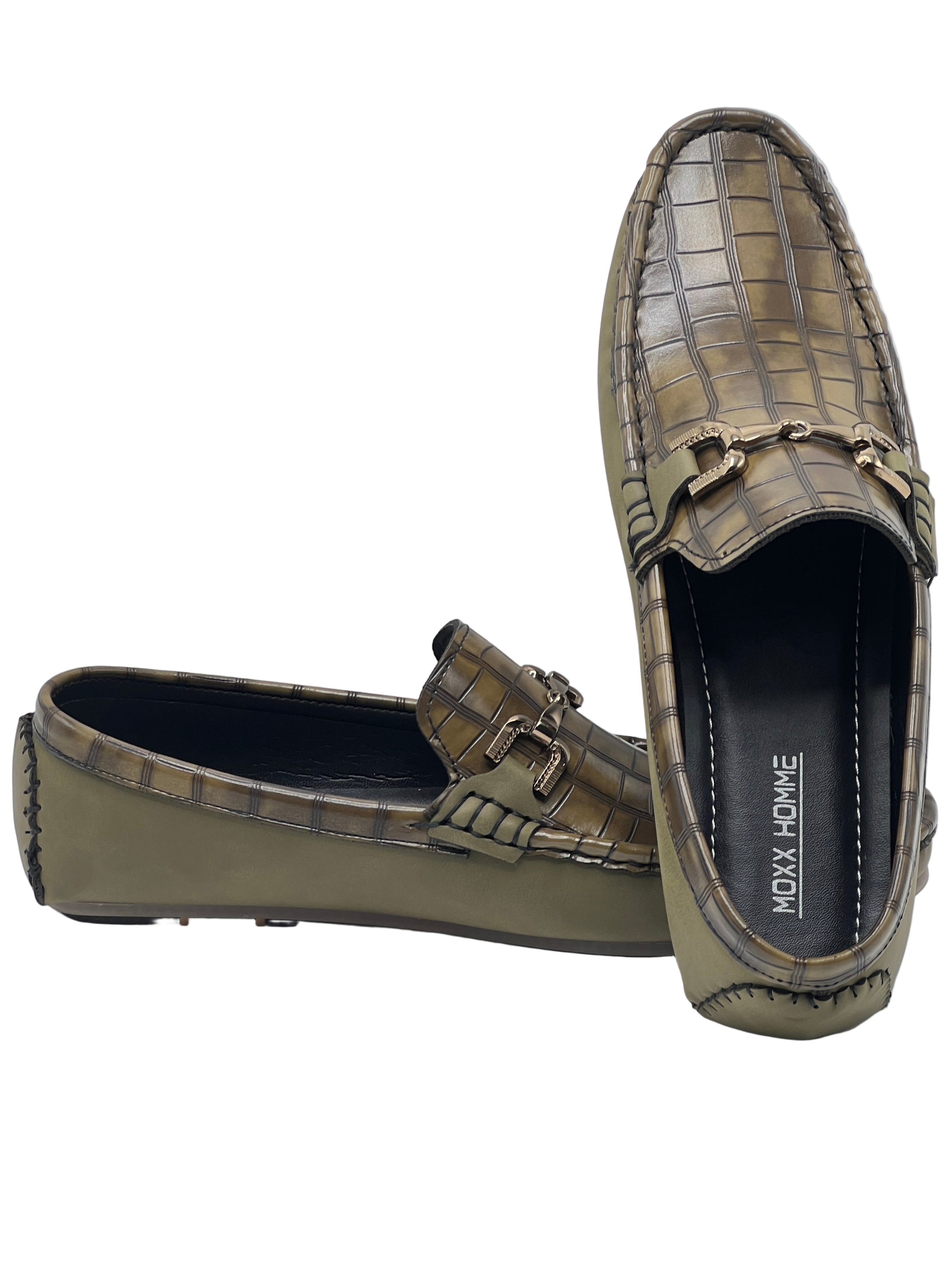 Olive Brown Croc-Texture Leather Loafers