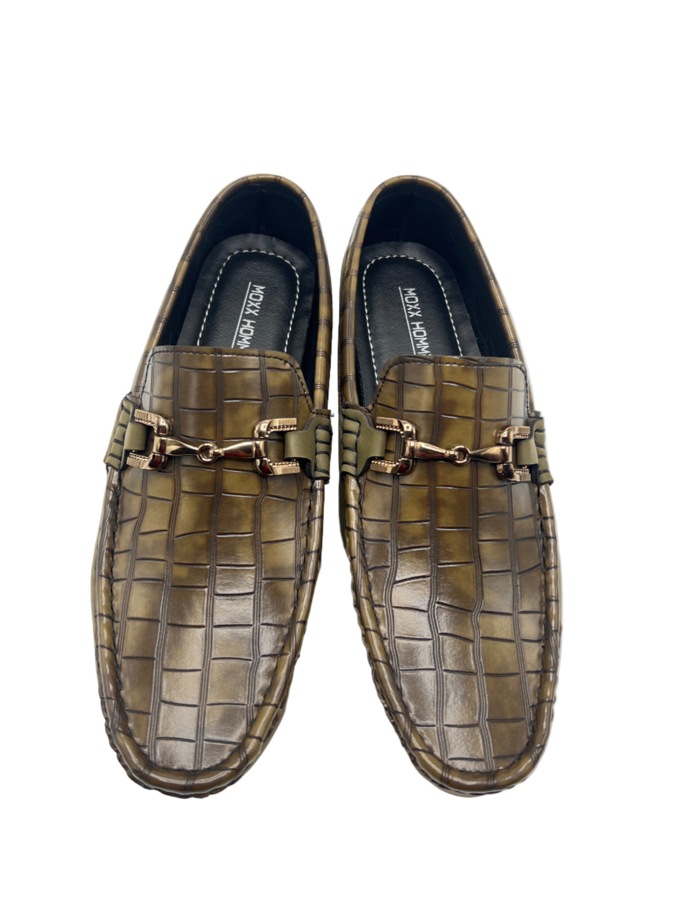 Olive Brown Croc-Texture Leather Loafers