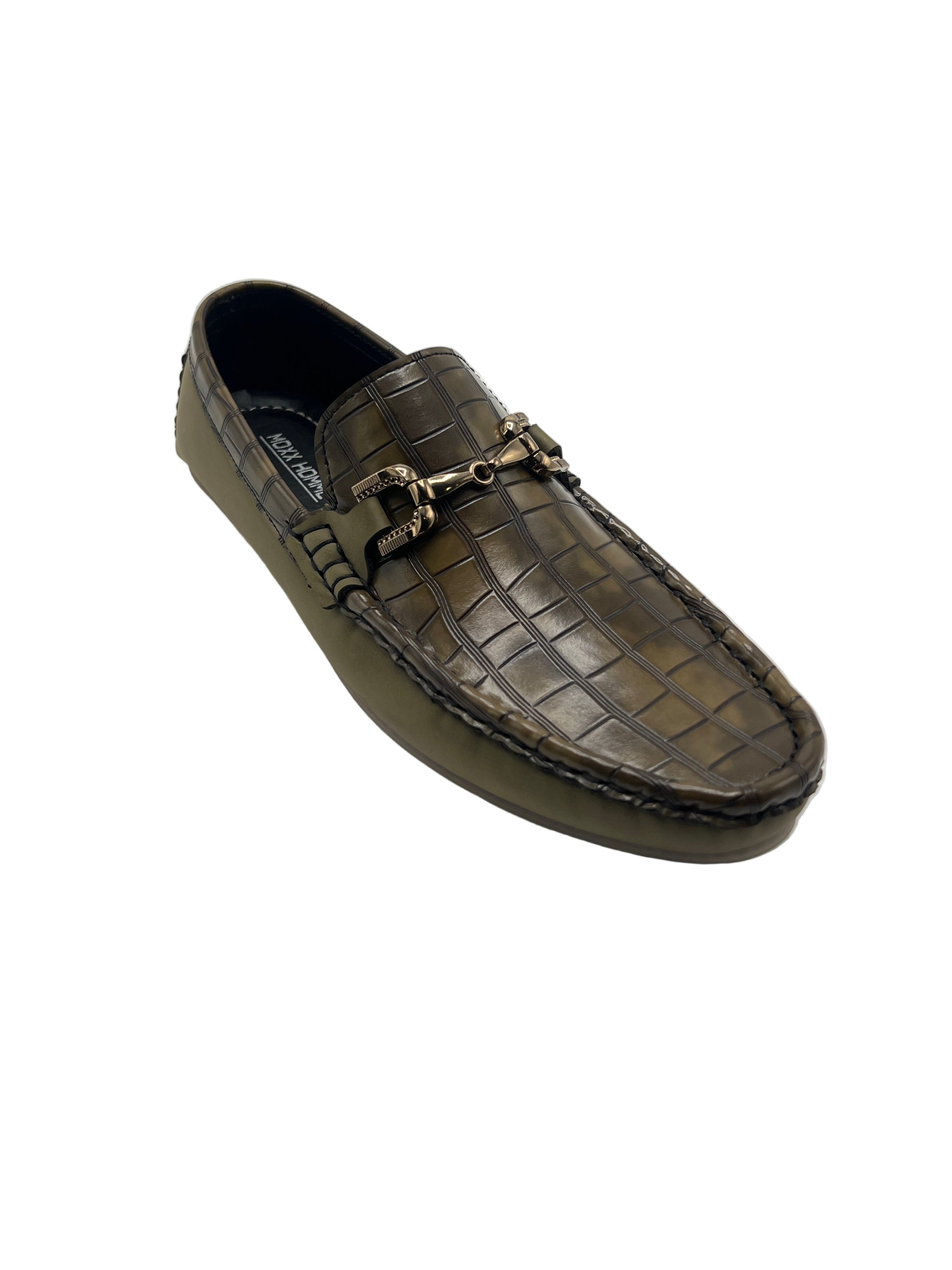 Olive Brown Croc-Texture Leather Loafers
