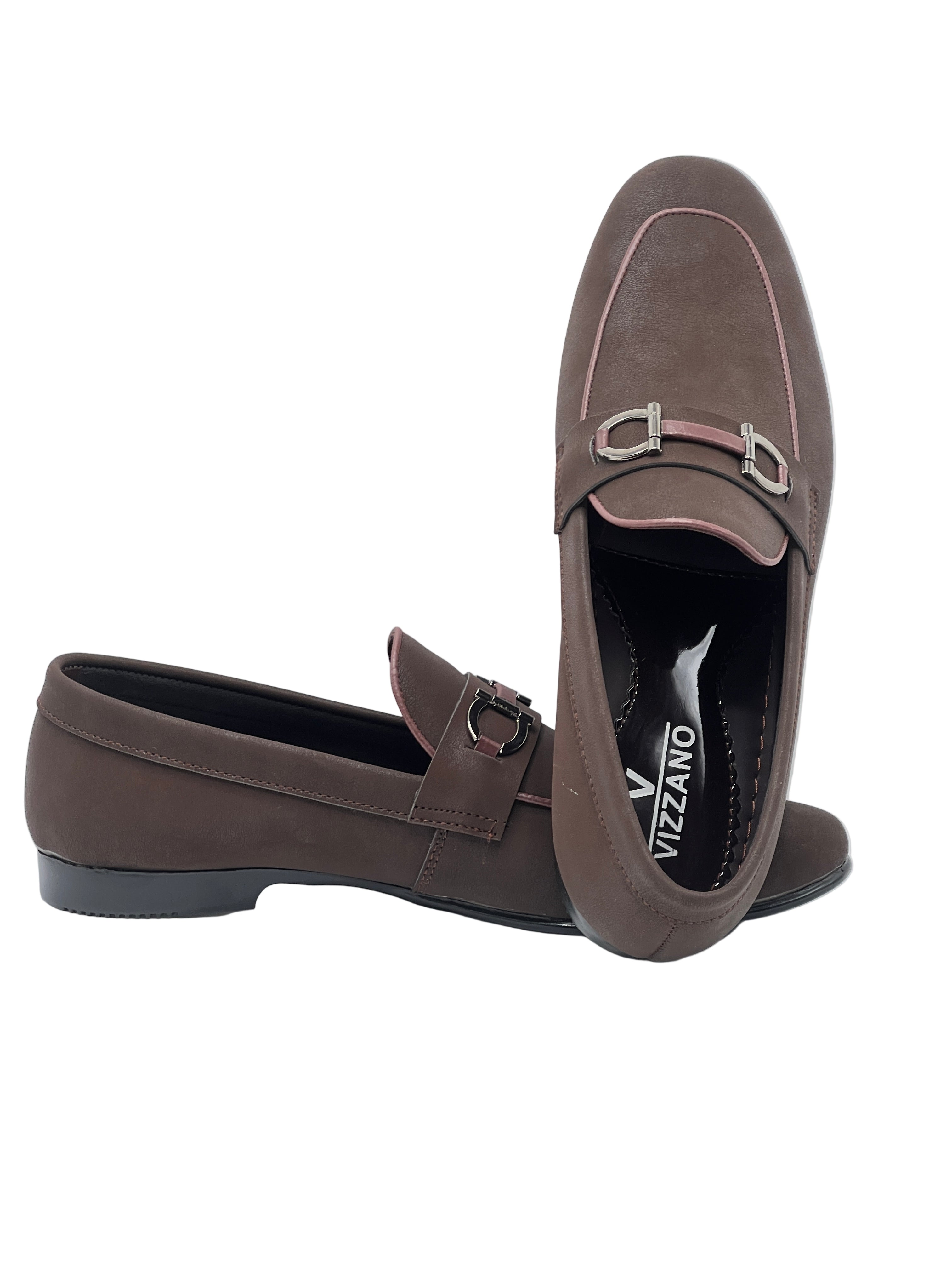 Vizzano Men's Brown Leather Loafers with Pink Piping and Dual Buckle Detail – Elegant Slip-On Dress Shoes