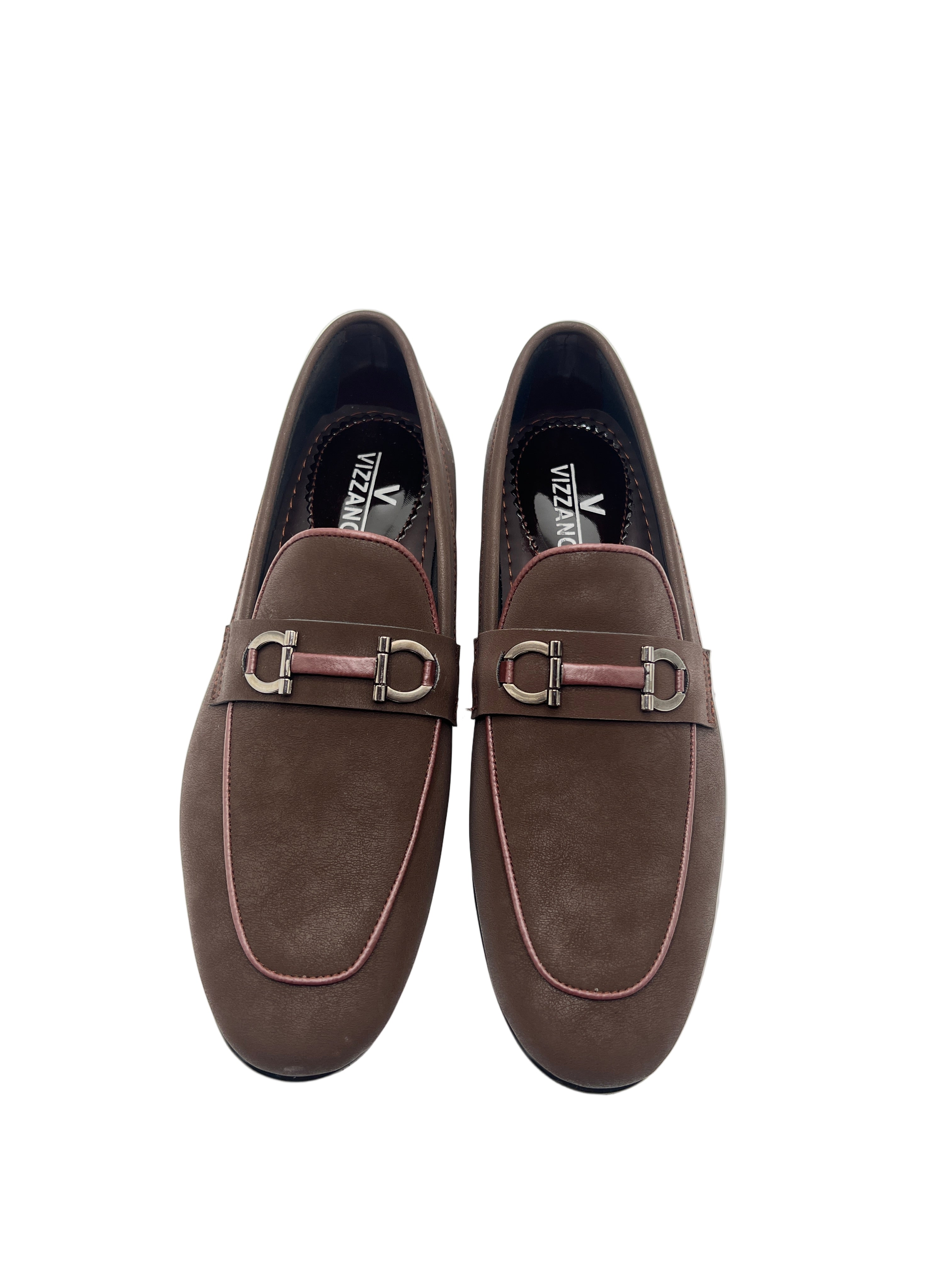 Vizzano Men's Brown Leather Loafers with Pink Piping and Dual Buckle Detail – Elegant Slip-On Dress Shoes