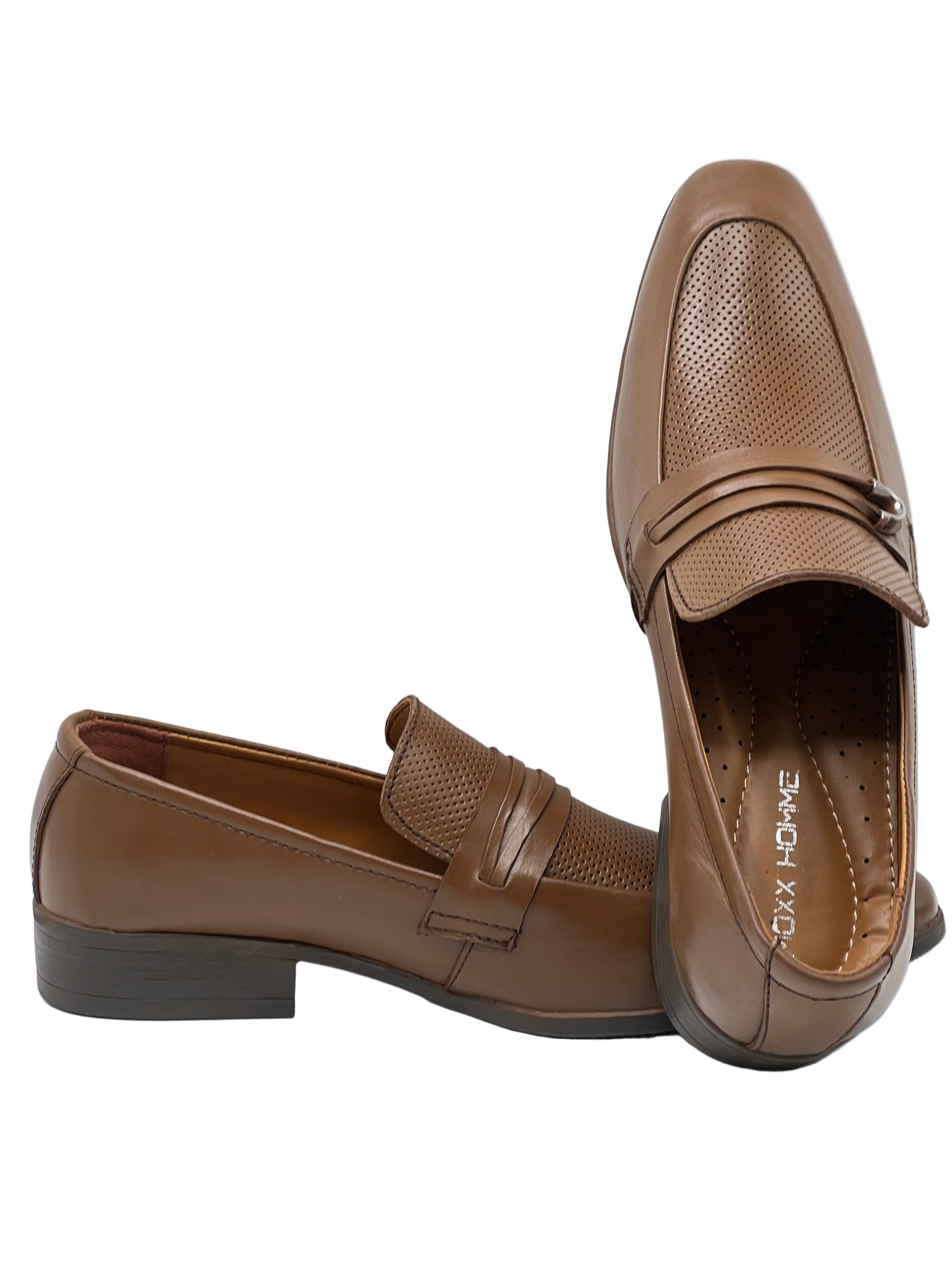 Men's Brown Perforated Leather Loafers with Silver Buckle