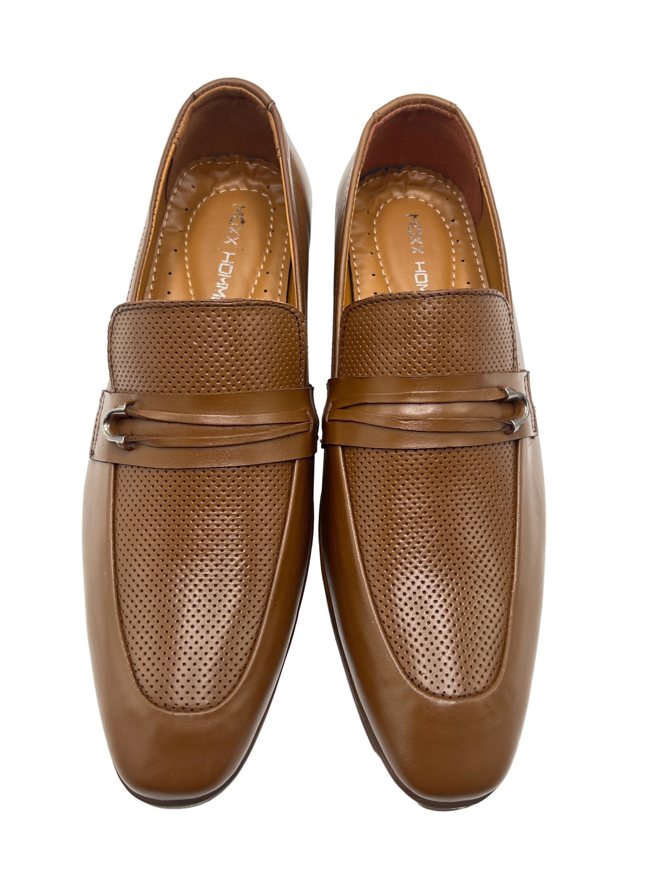 Men's Brown Perforated Leather Loafers with Silver Buckle
