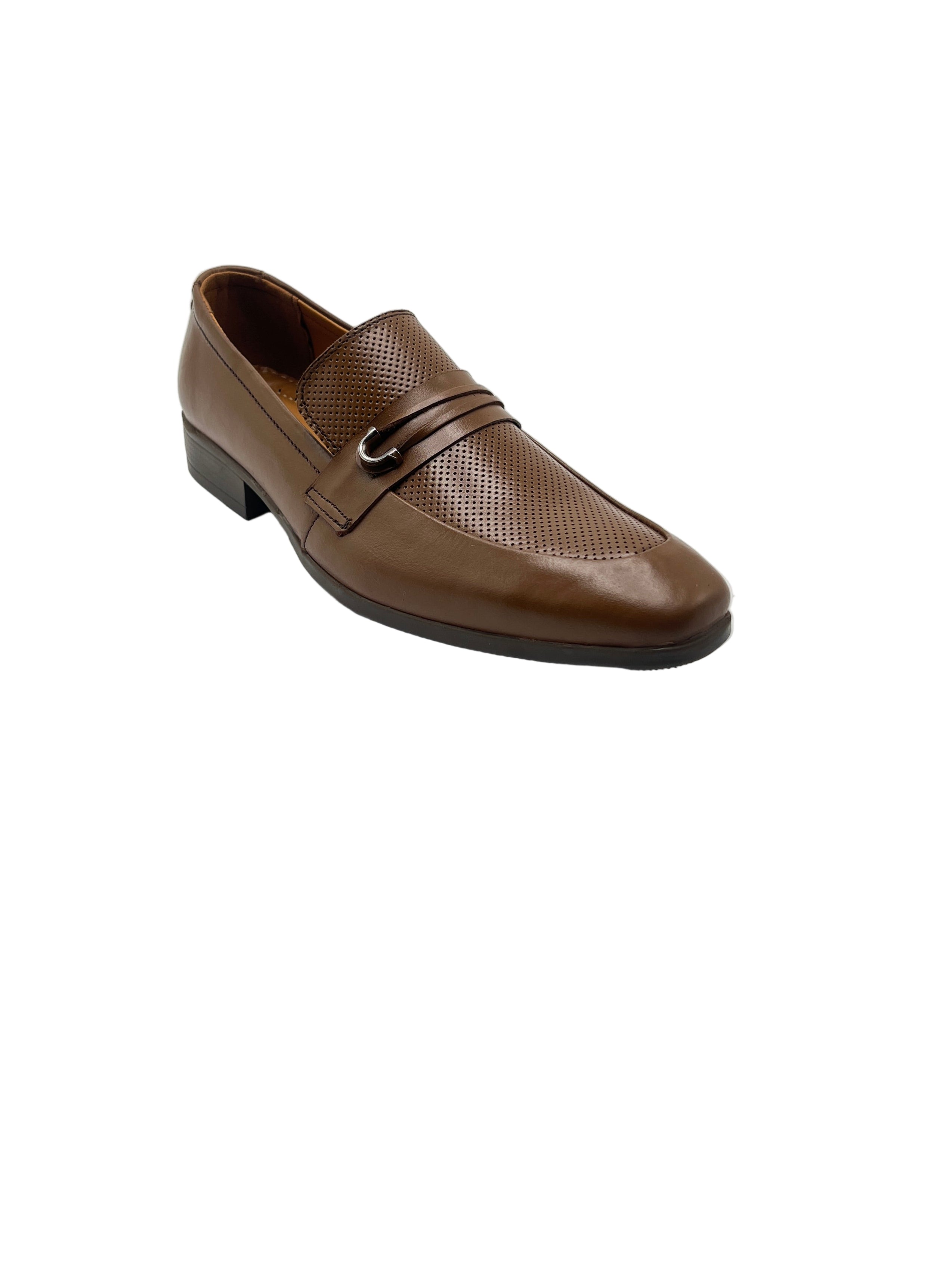 Men's Brown Perforated Leather Loafers with Silver Buckle
